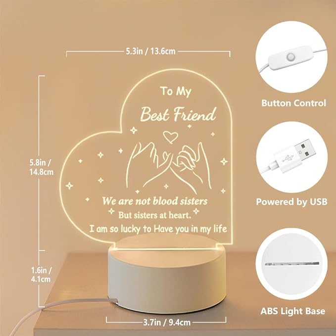 Best Friend Birthday Gifts Friendship Gifts Acrylic Night Light, Thank You Gifts for Friends - Christmas Birthday Gifts for Bestie, BFF - LeafyLoom