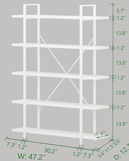 HSH 5 Tier Tall White Bookshelf, Metal and Wood Storage Book Shelves for Bedroom Living Room Office, Modern Large White Bookcases and Bookshelves 5 Shelf, Farmhouse Open Vertical Display Book Shelf - LeafyLoom