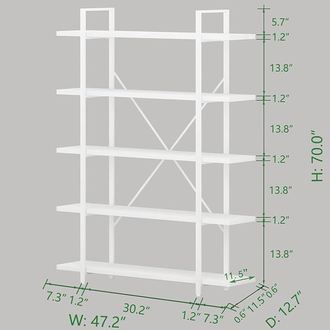 HSH 5 Tier Tall White Bookshelf, Metal and Wood Storage Book Shelves for Bedroom Living Room Office, Modern Large White Bookcases and Bookshelves 5 Shelf, Farmhouse Open Vertical Display Book Shelf - LeafyLoom