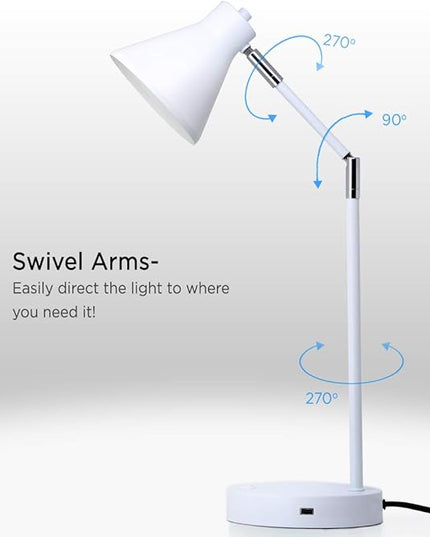 O’Bright LED Desk Lamp with USB Charging Port, 100% Metal Lamp, 270° Flexible Swivel Arms, Soft White LED Reading Light (3000K), Bedside Reading Lamp, Office Lamp, Table Lamp, ETL Listed (White) - LeafyLoom
