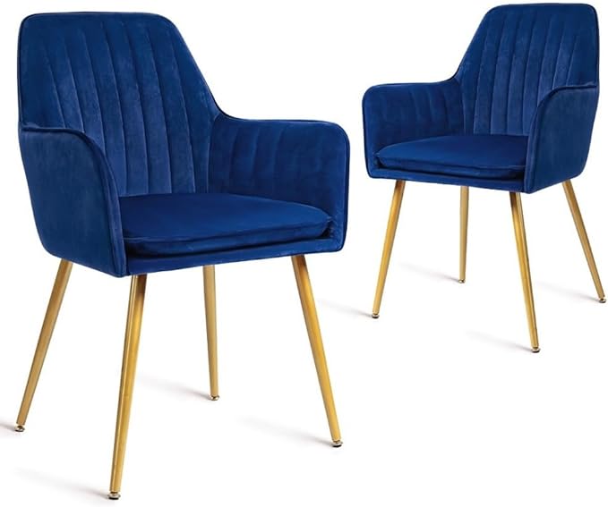 CangLong Furniture Modern Living Dining Room Accent Arm Chairs Club Guest with Gold Metal Legs, Set of 2, Navy Blue - LeafyLoom