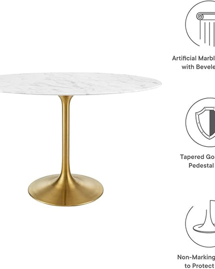 Modway Lippa 48" Oval-Shaped Mid-Century Modern Dining Table with Artificial Marble Top and Gold Base - LeafyLoom
