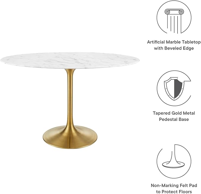 Modway Lippa 48" Oval-Shaped Mid-Century Modern Dining Table with Artificial Marble Top and Gold Base - LeafyLoom