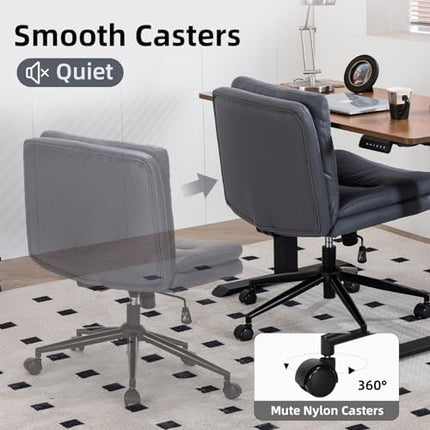 Armless Office Chair with Wheels Wide Desk Chair Leather Mid Back Accent Chair Padded Swivel Vanity Chair for Girl Women Computer Task Chair for Home Office (Suede Fabric, Gray&Blue) - LeafyLoom