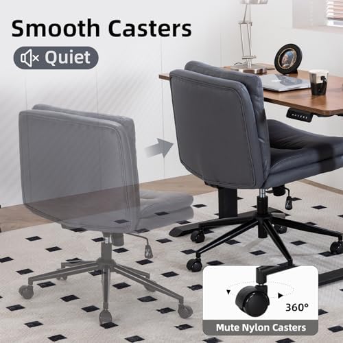 Armless Office Chair with Wheels Wide Desk Chair Leather Mid Back Accent Chair Padded Swivel Vanity Chair for Girl Women Computer Task Chair for Home Office (Suede Fabric, Gray&Blue) - LeafyLoom