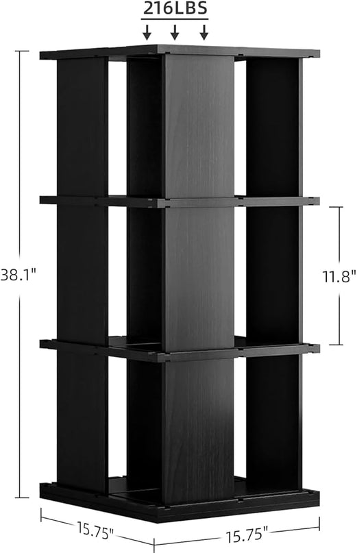 Rotating Bookshelf, 3-Shelf 360° Solid Wood Book shelf Tower, Stackable Revolving Bookcase Organizer for Living Room, Bedroom, Study(Black) - LeafyLoom