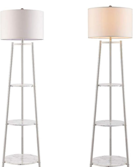 Floor Lamp, Standing Reading Light with Faux Marble Shelves and Fabric Shade, Modern Tall Pole Lamp, Accent Furniture Décor Lighting for Living Room, Bedrooms Silver - LeafyLoom