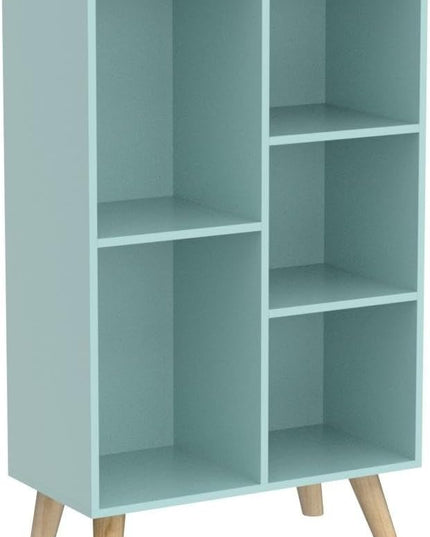 IOTXY Wooden Open Shelf Bookcase - 3-Tier Floorstanding Display Cabinet Rack with Legs, 5 Cubes Free Standing Bookshelf, Tiffany-Green - LeafyLoom