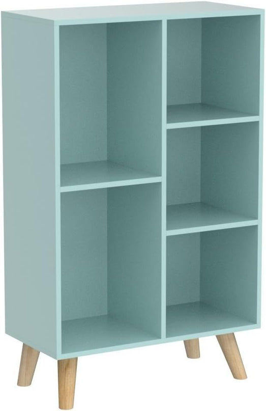 IOTXY Wooden Open Shelf Bookcase - 3-Tier Floorstanding Display Cabinet Rack with Legs, 5 Cubes Free Standing Bookshelf, Tiffany-Green - LeafyLoom