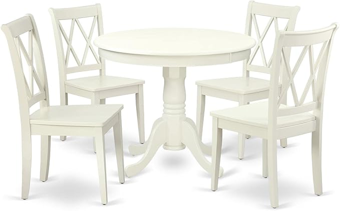 East West Furniture ANCL5-LWH-W Antique 5 Piece Set for 4 Includes a Round Table with Pedestal and 4 Kitchen Dining Chairs, 36x36 Inch - LeafyLoom