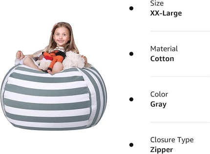 Wekapo Stuffed Animal Storage Bean Bag Chair Cover for Kids | Stuffable Zipper Beanbag for Organizing Children Plush Toys Large Premium Cotton Canvas (Gray, XX-Large) - LeafyLoom