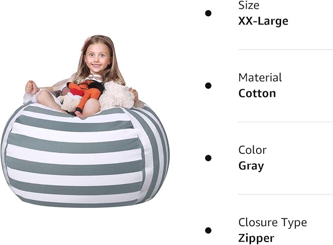 Wekapo Stuffed Animal Storage Bean Bag Chair Cover for Kids | Stuffable Zipper Beanbag for Organizing Children Plush Toys Large Premium Cotton Canvas (Gray, XX-Large) - LeafyLoom