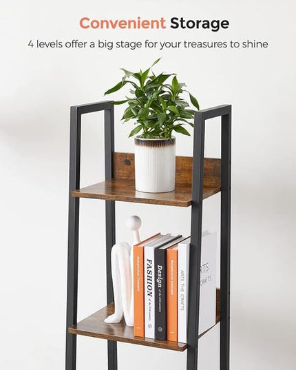 VASAGLE Bookshelf, 4-Tier Narrow Bookcase, Ladder Shelf for Home Office, Living Room, Bedroom, Kitchen, Rustic Brown and Ink Black ULLS108B01 - LeafyLoom