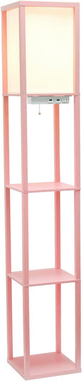 Simple Designs LF1037-LPK Floor Lamp Etagere Organizer Storage Shelf with 2 USB Charging Ports, 1 Charging Outlet and Linen Shade, Light Pink - LeafyLoom