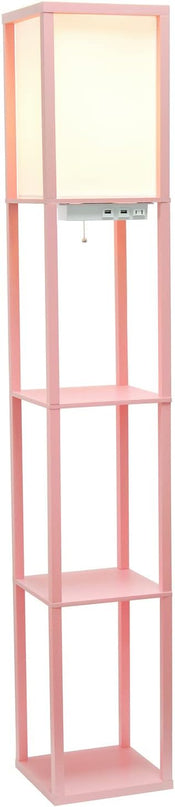 Simple Designs LF1037-LPK Floor Lamp Etagere Organizer Storage Shelf with 2 USB Charging Ports, 1 Charging Outlet and Linen Shade, Light Pink - LeafyLoom