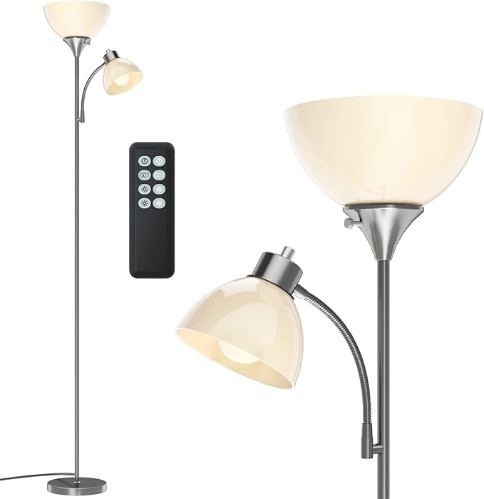 Floor Lamp, Remote Control with 4 Color Temperatures, LED Torchiere Floor Lamp with Adjustable Reading Lamp for Bedroom, Standing Lamps for Living Room, Bulb Included (Brushed Nickel - LeafyLoom