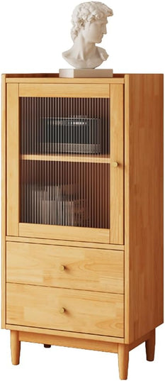 Wooden Glass Door Bookcase - 2-Tier Cube Bookshelf Storage Cabinet with Double Drawer and Adjustable Shelf, Solid Wood Legs Cupboard in Pear Yellow - LeafyLoom