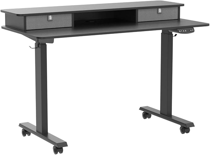 BANTI 48x24 Inch Electric Standing Desk with Double Drawers, Adjustable Height Stand Up Desk, Sit Stand Home Office Desk with Storage Shelf, Black Top - LeafyLoom