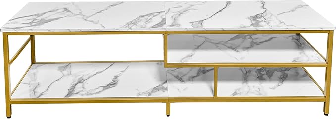 AT-VALY TV Stand for 55-75 inch TVs, Metal&MDF TV Stand with 3-Tier Storage Shelves for Living Room, Entertainment Center with Storage Cabinets (Gold) - LeafyLoom
