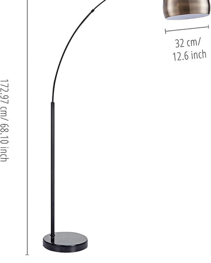 Teamson Home Arquer 68.1" Arc Floor Lamp for Living Rooms, Home Offices, Dining Rooms, Bedrooms with Faux Black Marble Base and Antique Brass Bell Shade - LeafyLoom