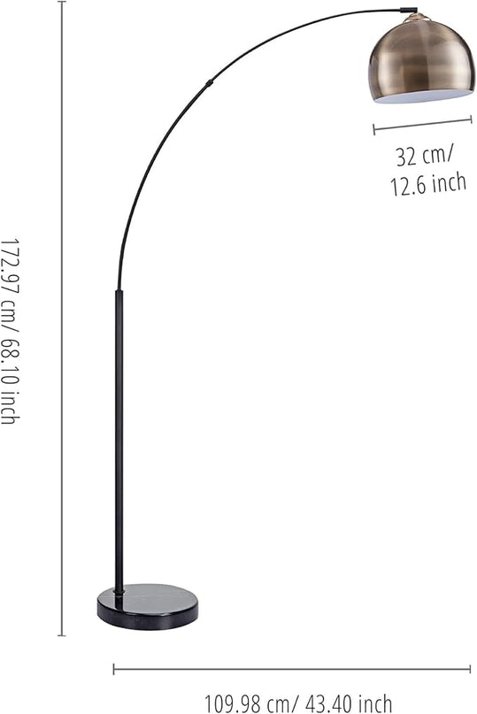 Teamson Home Arquer 68.1" Arc Floor Lamp for Living Rooms, Home Offices, Dining Rooms, Bedrooms with Faux Black Marble Base and Antique Brass Bell Shade - LeafyLoom