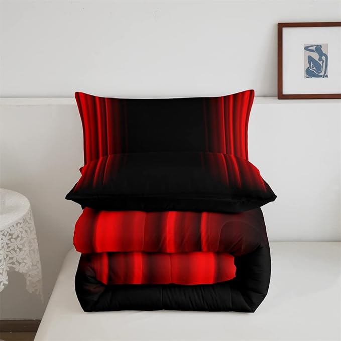 Feelyou Abstract Ombre Comforter Set Kids Teens Red and Black Bedding Set Room Decor 3Pcs Queen Size - LeafyLoom