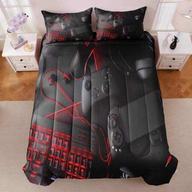 Gaming Comforter for Boys Teens,Game Bedding Sets Twin,Kids Gamer Comforter Set,Video Game Bedroom Decor,Gamepad Controller Duvet Insert All Season 3 Piece 1 Comforter and 2 Pillowcases - LeafyLoom