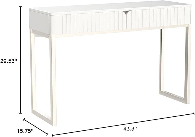 White Vanity Desk with 2 Drawers, Silver and White Desk,Home Office Desk Modern Makeup Vanity Table with Glossy Desktop,Writing Computer Standing Desk with Wood Top and Metal Legs - LeafyLoom