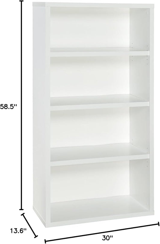 ClosetMaid Bookshelf with 4 Shelf Tiers, Adjustable Shelves, Tall Bookcase Sturdy Wood with Closed Back Panel, White Finish - LeafyLoom