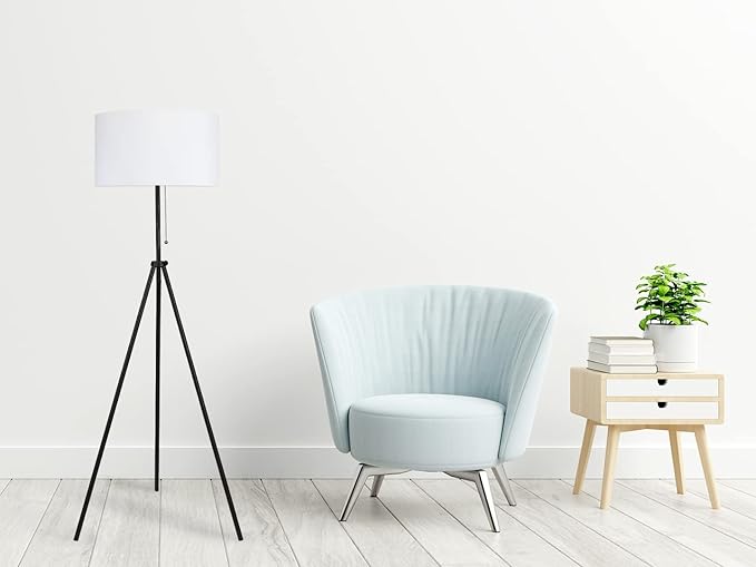 O’Bright Tripod Floor Lamp, Adjustable in Height, 100% Metal Body with Linen Drum Shade, E26 Socket, Bedside Lamp, Standing Light for Living Room, Bedroom, Office, Black - LeafyLoom
