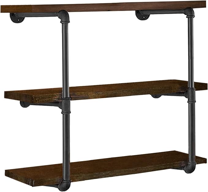 HITOMEN Industrial Iron Pipe Shelves, 2 Set 3-Tier, 28" Tall, 12" Depth, DIY Open Bookshelf Bookcase, Wall Mounted Vintage Retro Shelving, Rustic Farmhouse Pantry Kitchen Storage, Black Shelf Brackets - LeafyLoom