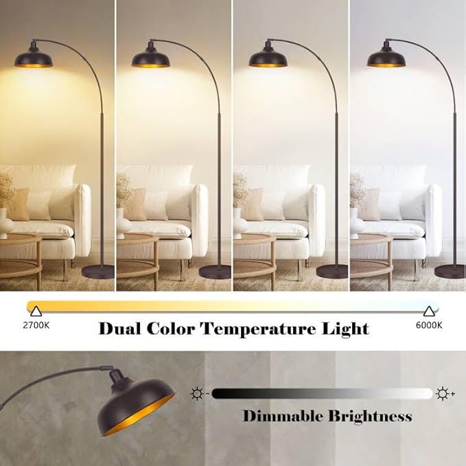 Arc Floor Lamps Bronze, Standing Lamps for Living Room with Remote Control, Foot Switch, Metal Shade, Arched Floor Lamp with Stepless Dimmable LED Bulb, Brown Floor Reading Tall Lamp for Bedroom - LeafyLoom