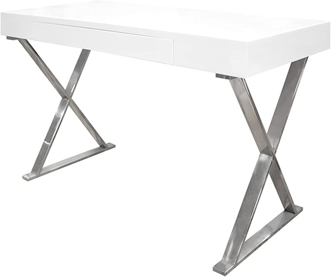 Best Master Furniture Barry Mid-Century High Gloss Home Office Desk with Gold Trim Frame, Silver - LeafyLoom