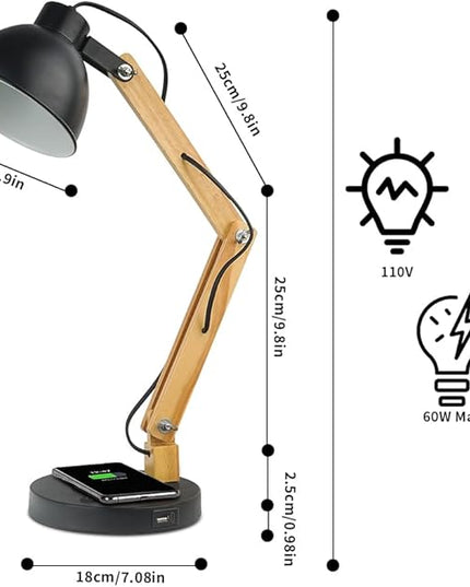 ELINKUME LED Desk Working Lamp with Charging(Wireless/USB-A/Typ-C),Wood Swing Arm Table Bedside Lamp, Black Metal Lampshade,Vintage Reading Light for Office,Study,Bedroom,Living Room(Excluding Bulb) - LeafyLoom