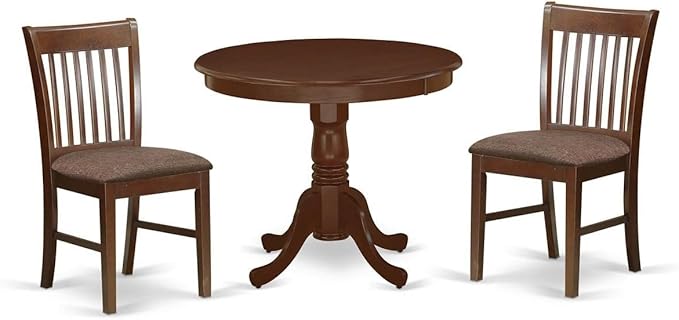 East West Furniture ANNO3-MAH-C 3 Piece Kitchen Set Contains a Round Table with Pedestal and 2 Linen Fabric Dining Room Chairs, 36x36 Inch - LeafyLoom