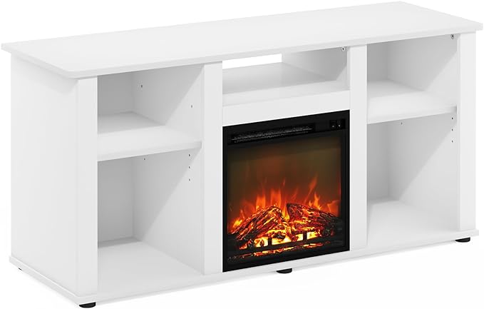 Furinno Jensen Fireplace TV Entertainment Center with Open Storage Compartment for TV up to 55 Inch, Solid White - LeafyLoom