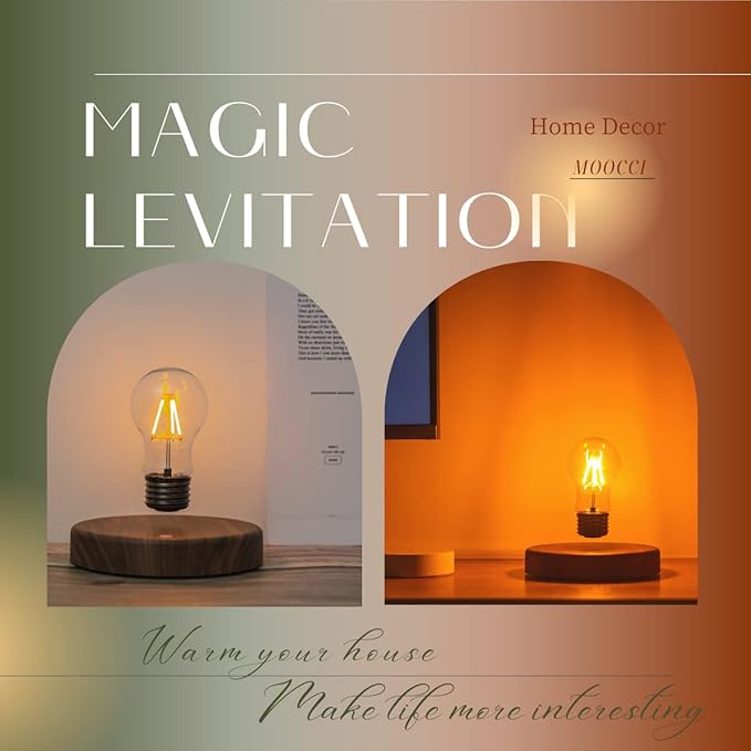 Levitating Bulb Lamp Magnetic Floating Lamp Light Desk Lamp Night Light Table LED for Unique Gifts, Room Decor, Night Light, Home Office Decor Desk Tech Toys (Round-Dark Brown Base) - LeafyLoom