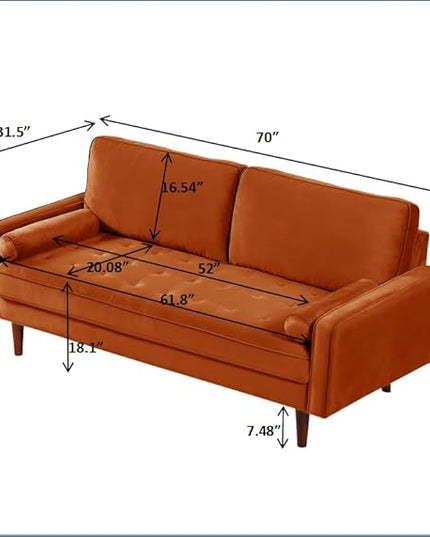 US Pride Furniture Velvet 70" Sofa Couch, Iconic Mid-Century Style Living Room Furniture with Contemporary Silhouette, Button Tufting and Wood Legs, includes 2 Bolster Pillows, Orange - LeafyLoom