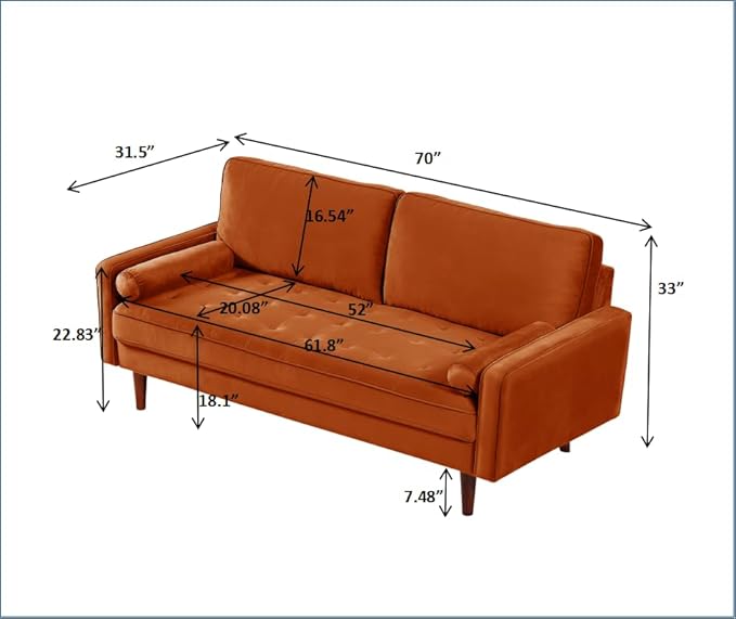 US Pride Furniture Velvet 70" Sofa Couch, Iconic Mid-Century Style Living Room Furniture with Contemporary Silhouette, Button Tufting and Wood Legs, includes 2 Bolster Pillows, Orange - LeafyLoom