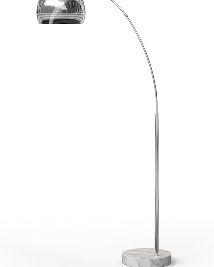 Teamson Home Arquer 68.1" Arc Floor Lamp for Living Rooms, Home Offices, Dining Rooms, Bedrooms with Faux White Marble Base and Chrome Bell Shade - LeafyLoom