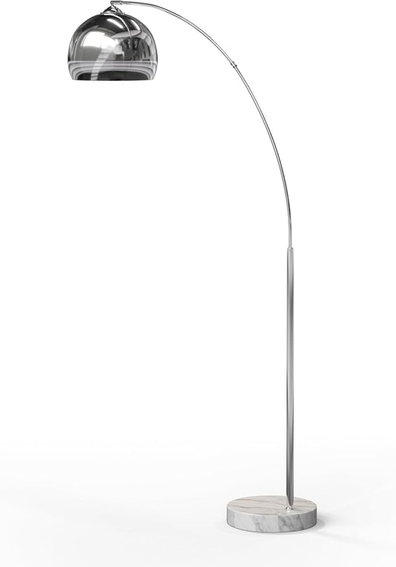Teamson Home Arquer 68.1" Arc Floor Lamp for Living Rooms, Home Offices, Dining Rooms, Bedrooms with Faux White Marble Base and Chrome Bell Shade - LeafyLoom