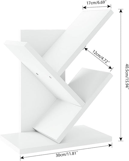 YMYNY 2 Tier Tree Bookshelf, Small Bookcase, Modern Wood Book Storage Rack Organizer, Freestanding Book shelf for Books/Movies/CDs, Display Rack for Bedroom, Home Office, White UHBC012W - LeafyLoom