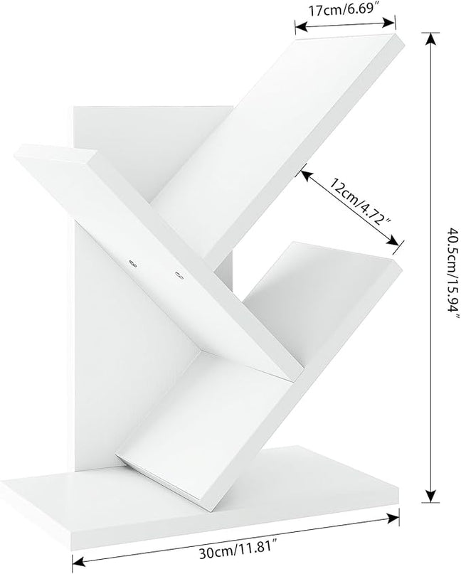 YMYNY 2 Tier Tree Bookshelf, Small Bookcase, Modern Wood Book Storage Rack Organizer, Freestanding Book shelf for Books/Movies/CDs, Display Rack for Bedroom, Home Office, White UHBC012W - LeafyLoom