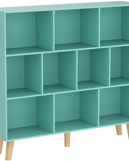 LEYAOYAO 10 Cube Bookshelf,3 Tier Modern Wide Bookcase with Legs,Mid-Century Wood Bookshelves Storage,Mint-Green Large Book Case,Freestanding Organizer Display Shelf for Bedroom,Living Room,Office - LeafyLoom