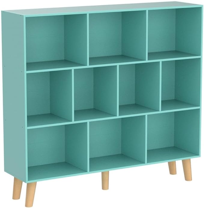 LEYAOYAO 10 Cube Bookshelf,3 Tier Modern Wide Bookcase with Legs,Mid-Century Wood Bookshelves Storage,Mint-Green Large Book Case,Freestanding Organizer Display Shelf for Bedroom,Living Room,Office - LeafyLoom