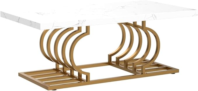 Tribesigns Modern Coffee Table, 47 Inch Faux Marble Cocktail Table with Geometric Frame, Rectangular Center Table Tea Table Accent Furniture for Living Room, Simple Assembly (White/Gold) - LeafyLoom