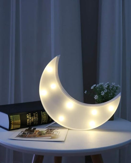 Pooqla Decorative LED Crescent Moon Marquee Sign - Moon Marquee Letters LED Lights - Nursery Night Lamp Gift - Ramadan Decorations for Home(White) - LeafyLoom