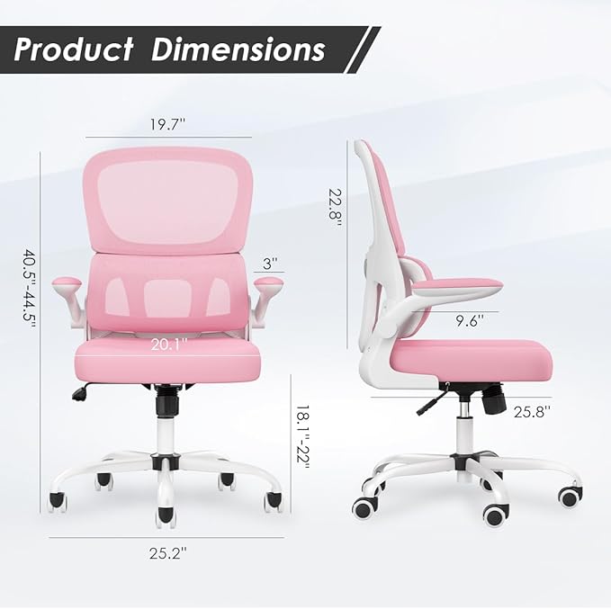Soohow Ergonomic Home Office Chair, Mesh Desk Chair with Lumbar Support, Comfy Computer Desk Chair with Flip Armrest Rolling Wheels, Pink. - LeafyLoom