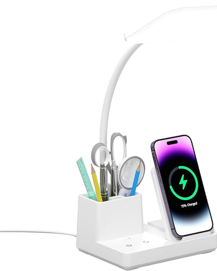 Desk Lamp, Desk Lamps for Home Office with USB Port Pen holder Wireless Charger 360 Gooseneck 3 Color Modes Dimmable Touch Square 800 Lumens CRI 85, Desk Light for college dorm room, White - LeafyLoom