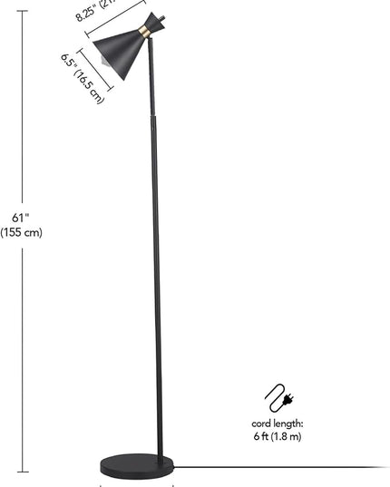 Globe Electric 61000059 62" Floor Lamp, Matte Black, Matte Brass Accents, On/Off Rotary Switch on Socket, Floor Lamp for Living Room, Floor Lamp for Bedroom, Home Office Accessories - LeafyLoom